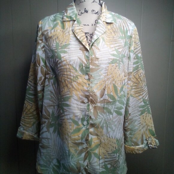 Cathy Daniels Blouse M Button Up Sheer Textured 3/4 Sleeve Floral Brown Green - Picture 1 of 16
